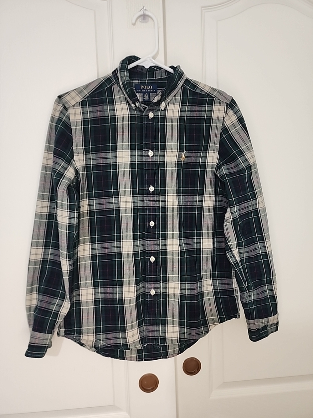 Polo Ralph Lauren Boys Plaid Button Down Shirt Green Size L 14-16 Cotton